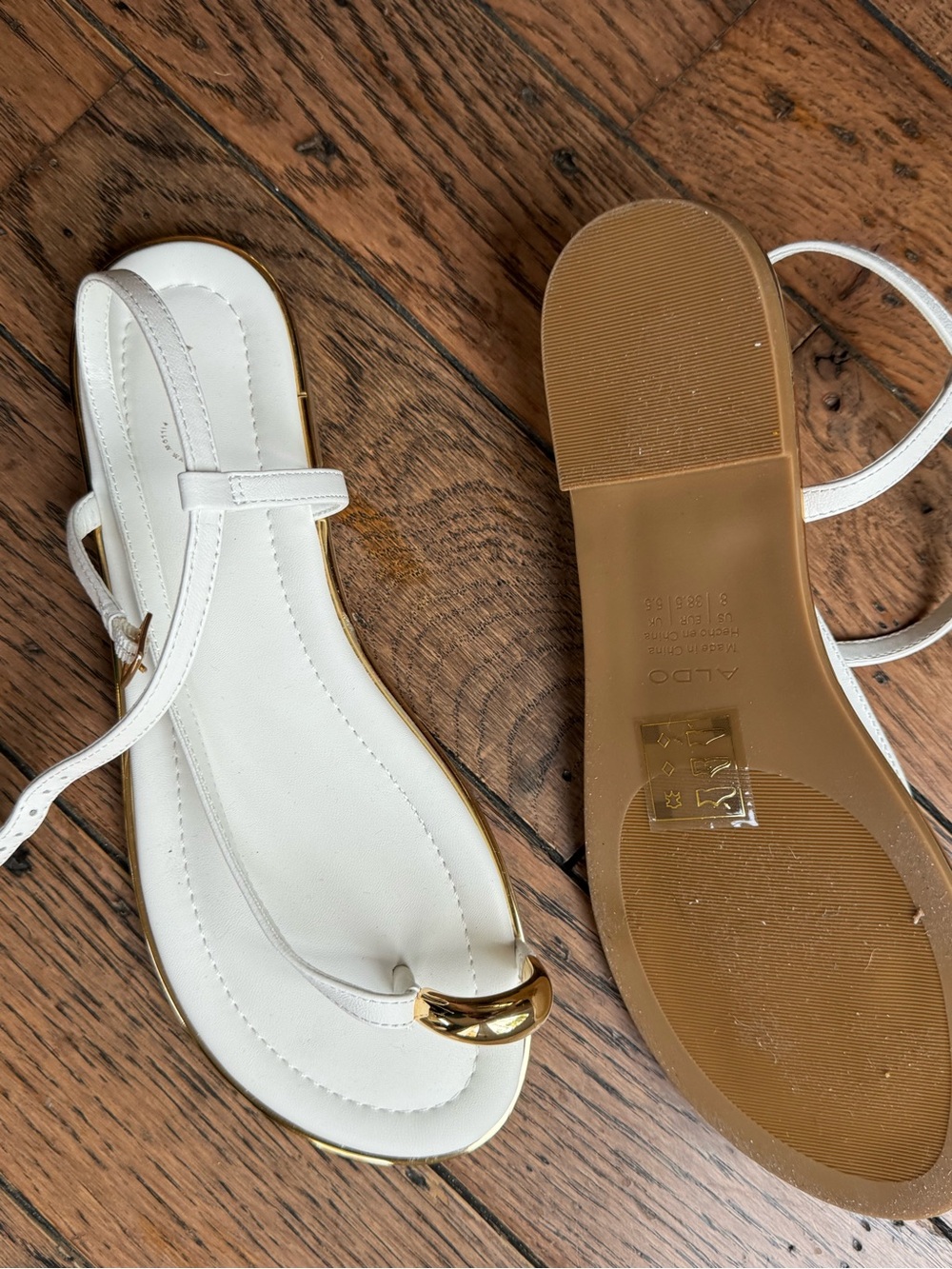Aldo White Leather T-Strap Sandals with Gold Accent